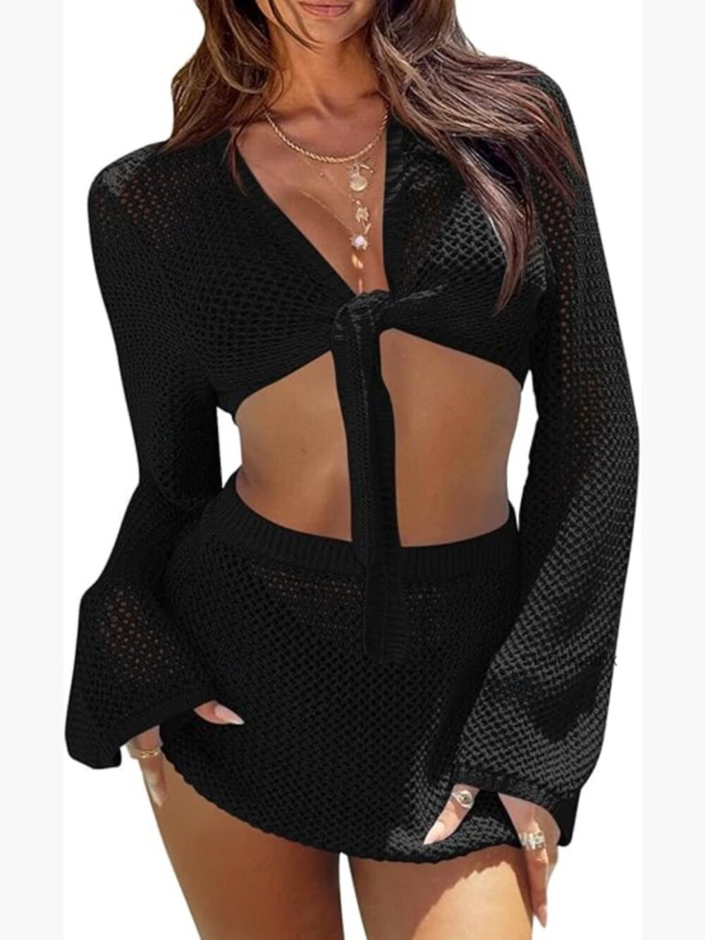 Crochet Swimsuit Cover Up Set Long Sleeve Crop Top Mini Skirt